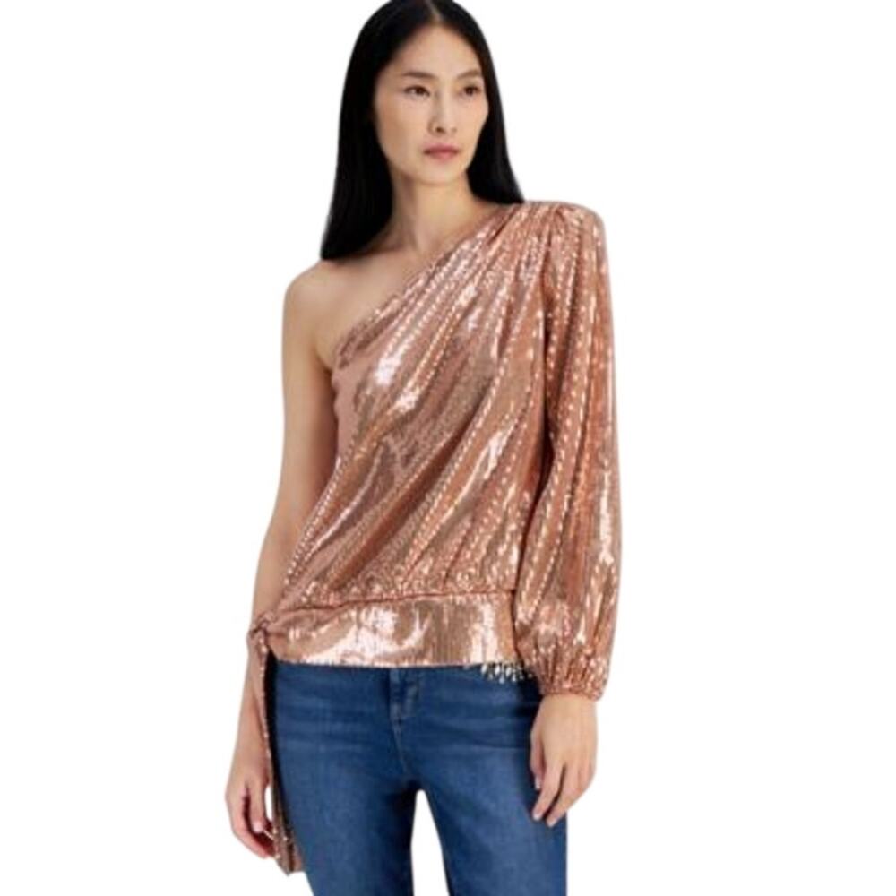 INC International Concepts Women's One-Shoulder Sequined Top in Rose Gold